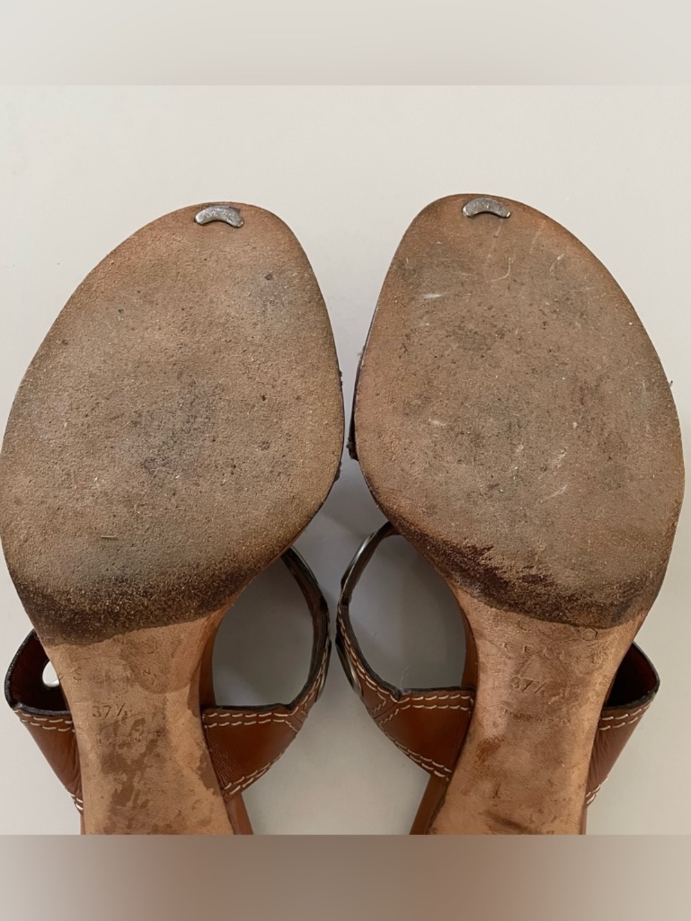 Celine Tan Leather Kitten Heel Sandals with Silver Circle Grommets Size 37.5 - Picture 6 of 7